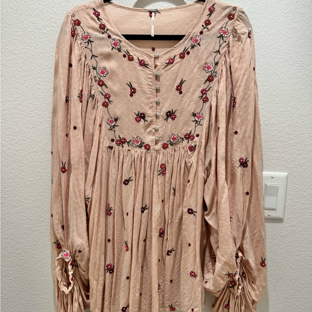 Free People Floral Embroidered Pink Boho Top